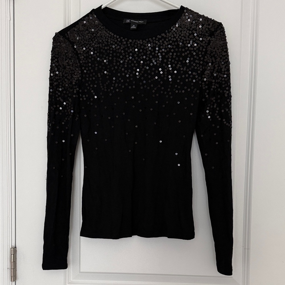 INC International Concepts Black Sequin Long-Sleeve Tee